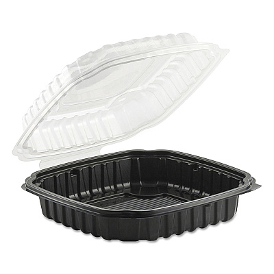 Anchor Packaging Culinary Basics Microwavable Container, 46.5 oz, 10.5 x 9.5 x 2.5, Clear/Black, Plastic, 100/Carton (ANZ4669111)
