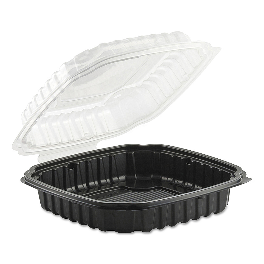 Anchor Packaging Culinary Basics Microwavable Container, 46.5 oz, 10.5 x 9.5 x 2.5, Clear/Black, Plastic, 100/Carton (ANZ4669111)