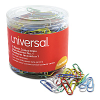 Universal Plastic-Coated Paper Clips with One-Compartment Dispenser Tub, #1, Assorted Colors, 500/Pack (UNV95001)
