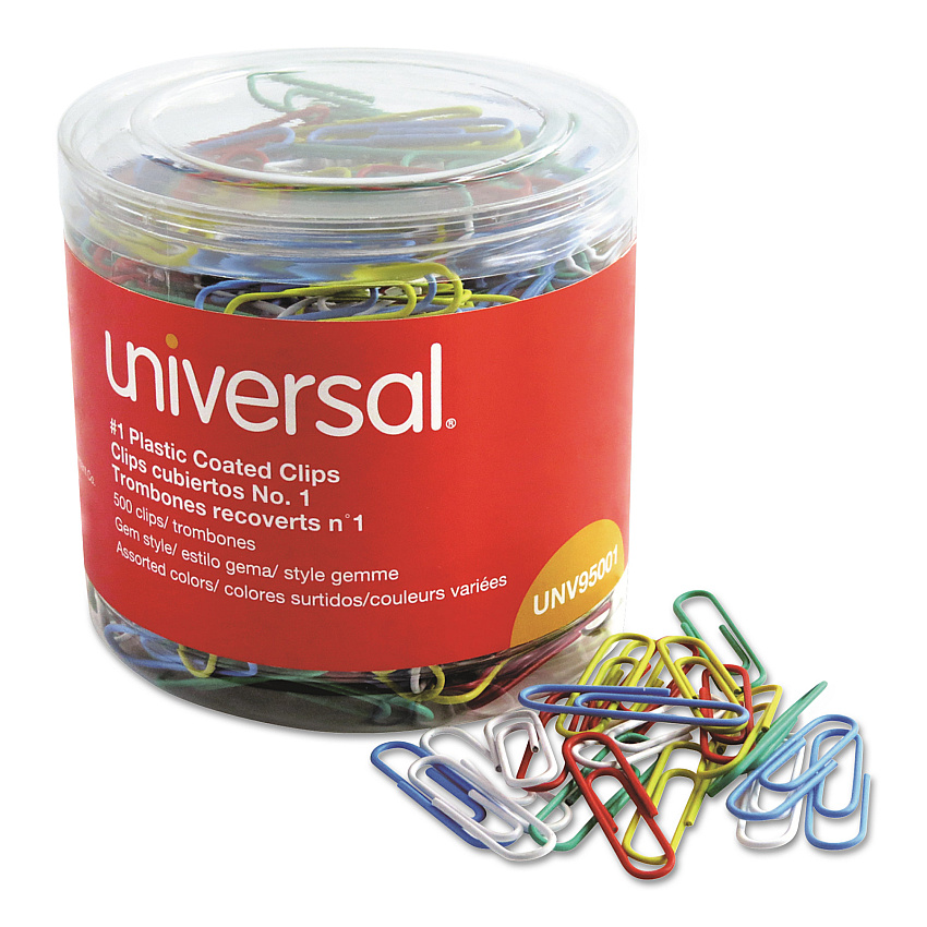 Universal Plastic-Coated Paper Clips with One-Compartment Dispenser Tub, #1, Assorted Colors, 500/Pack (UNV95001)
