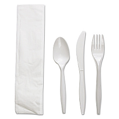 Boardwalk Four-Piece Cutlery Kit, Fork/Knife/Napkin/Teaspoon, White, Polypropylene, 250/Carton (BWKFKTNMWPPWH)