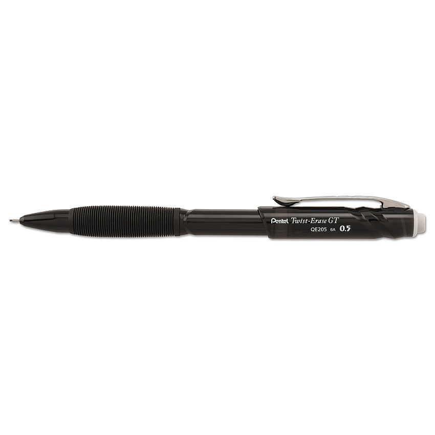 Pentel Twist-Erase GT Pencils, 0.5 mm, HB (#2), Black Lead, Black Barrel (PENQE205A)