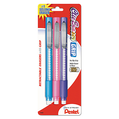 Pentel Clic Eraser Grip Eraser, For Pencil Marks, White Eraser, Randomly Assorted Barrel Colors (Three-Colors), 3/Pack (PENZE21TBP3M)