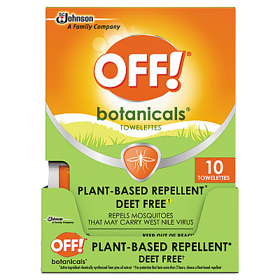 OFF! Botanicals Insect Repellant, Box, 10 Wipes/Pack, 8 Packs/Carton (SJN694974)