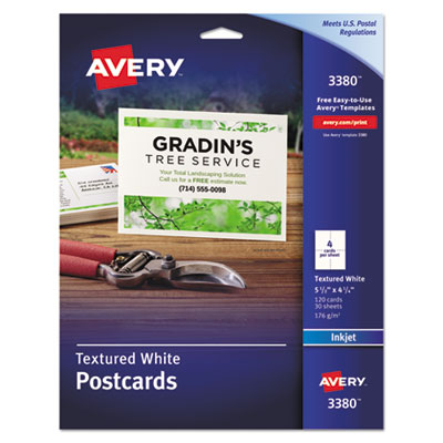 Avery Printable Postcards, Inkjet, 65 lb, 4.25 x 5.5, Textured Matte White, 120 Cards, 4 Cards/Sheet, 30 Sheets/Box (AVE3380)