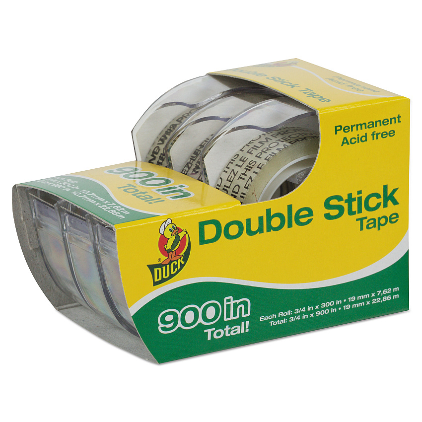 Duck Permanent Double-Stick Tape with Dispenser, 1" Core, 0.5" x 25 ft, Clear, 3/Pack (DUC0021087)