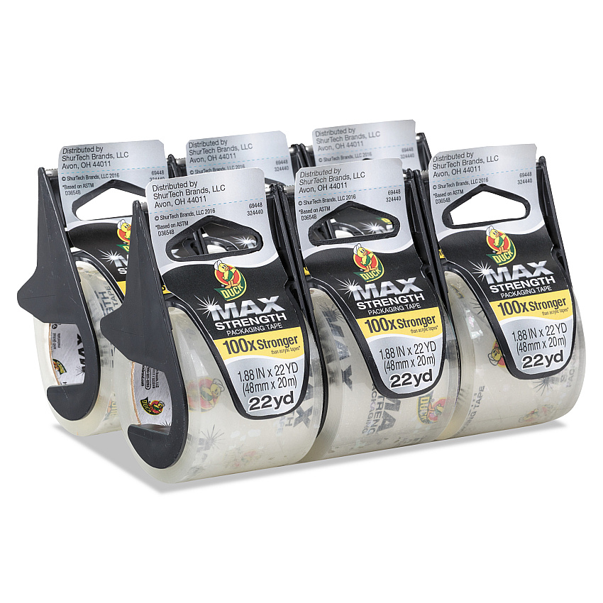 Duck MAX Packaging Tape with Dispenser, 1.5" Core, 1.88" x 22 yds, Crystal Clear, 6/Box (DUC284983)