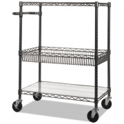 Alera Three-Tier Wire Cart with Basket, Metal, 2 Shelves, 1 Bin, 500 lb Capacity, 34" x 18" x 40", Black Anthracite (SW543018BA)