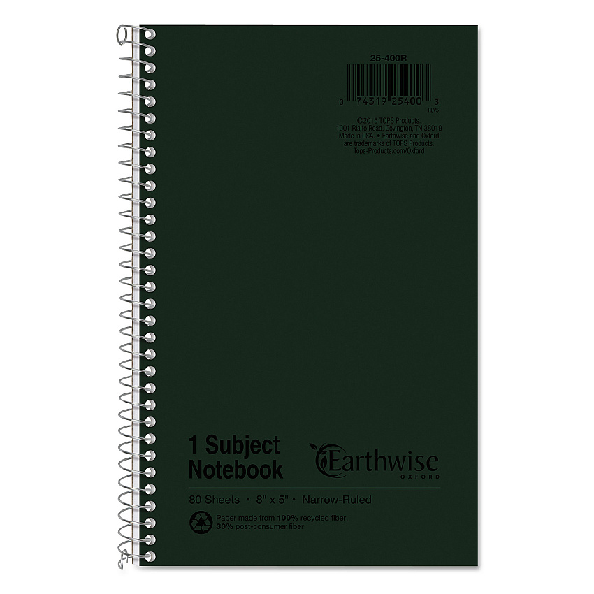 Earthwise by Oxford Recycled One-Subject Notebook, Narrow Rule, Green Cover, (80) 8 x 5 Sheets (TOP25400)