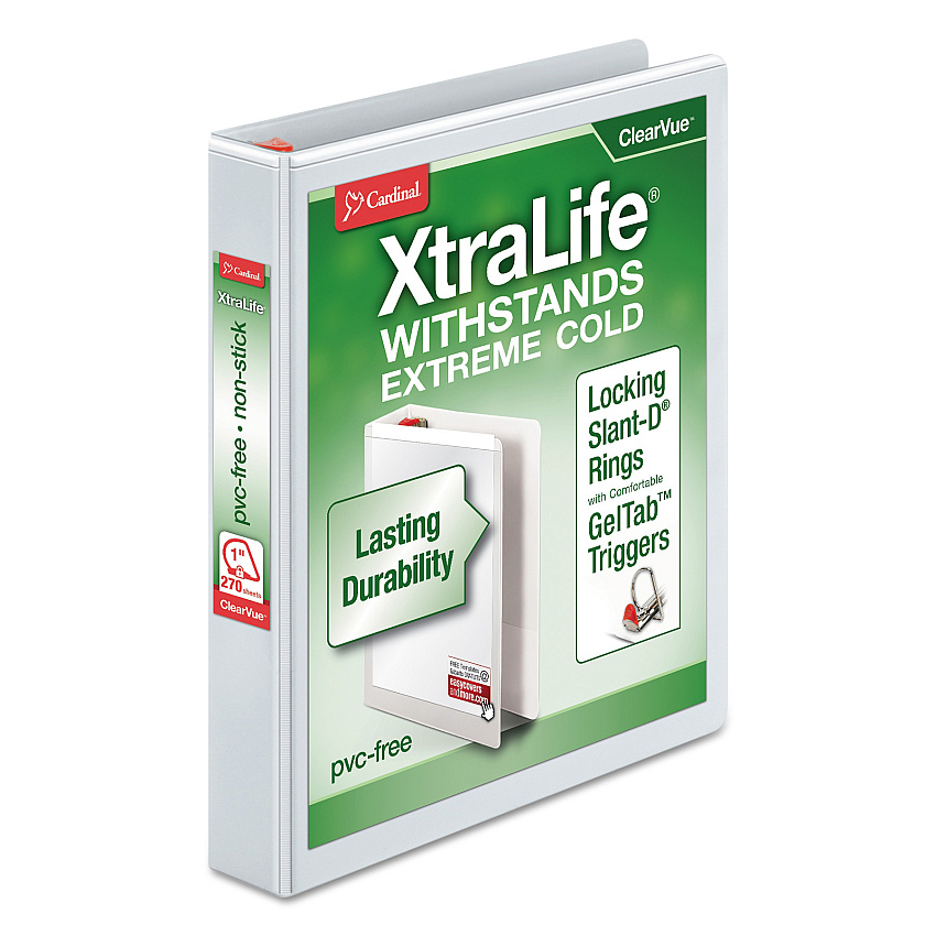 Cardinal XtraLife ClearVue Non-Stick Locking Slant-D Ring Binder, 3 Rings, 1" Capacity, 11 x 8.5, White (CRD26300)