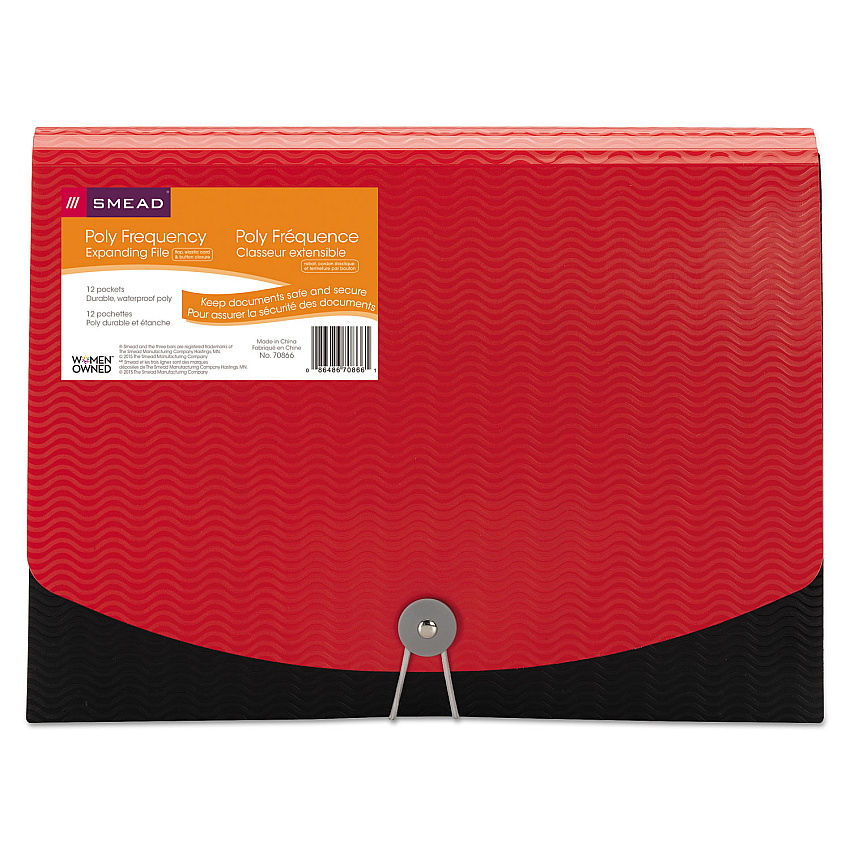 Smead 12-Pocket Poly Expanding File, 0.88" Expansion, 12 Sections, Cord/Hook Closure, 1/6-Cut Tabs, Letter Size, Black/Red (SMD70866)