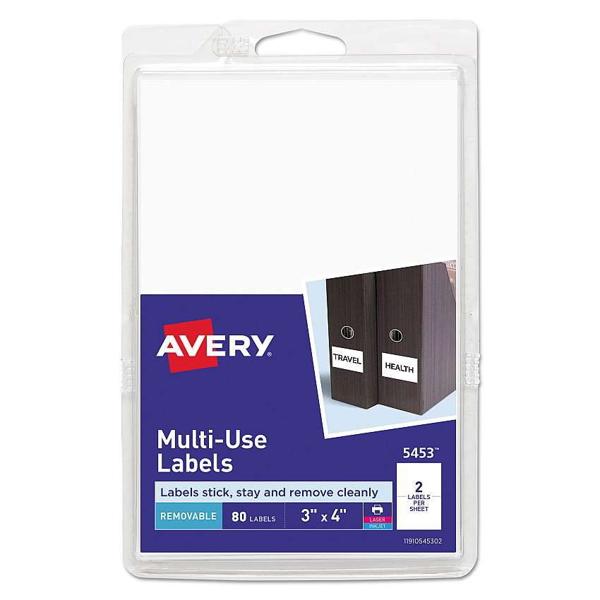 Avery Removable Multi-Use Labels, Inkjet/Laser Printers, 3 x 4, White, 2/Sheet, 40 Sheets/Pack, (5453) (AVE05453)