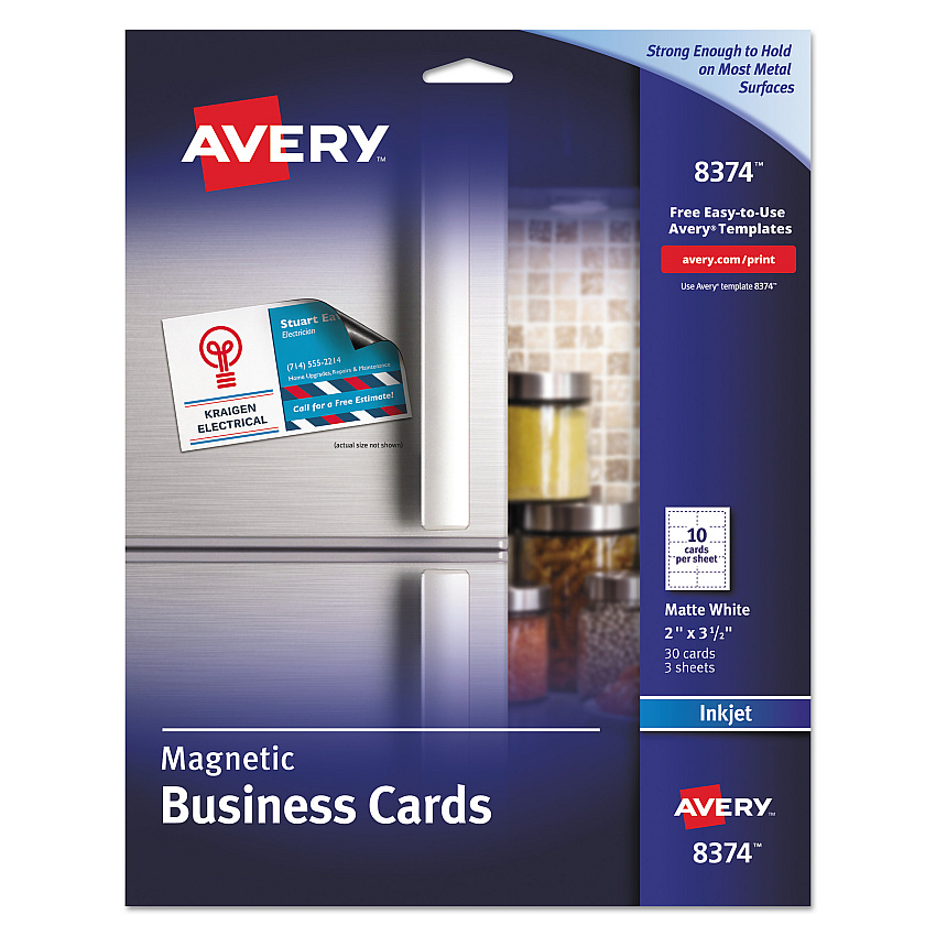 Avery Magnetic Business Cards, Inkjet, 2 x 3.5, White, 30 Cards, 10 Cards/Sheet, 3 Sheets/Pack (AVE8374)
