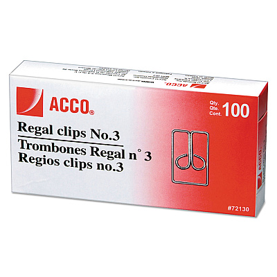 ACCO Regal Clips, #3, Smooth, Silver, 100/Box (ACC72130)
