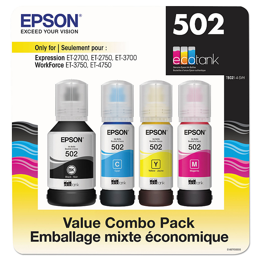 Epson T5021-4-SVH (502) Ink, 7,500/6,000 Page-Yield, Black/Cyan/Magenta/Yellow