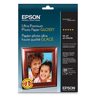 Epson Ultra Premium Photo Paper Glossy, 11.8 mil, 5 x 7, Glossy White, 20/Pack (S041945)