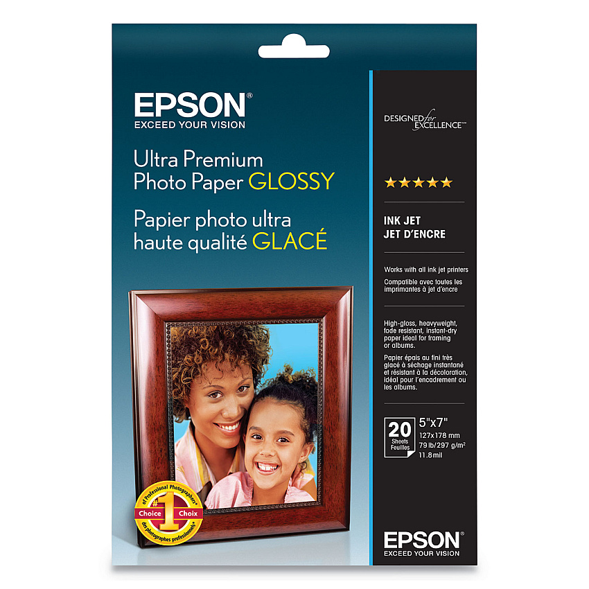 Epson Ultra Premium Photo Paper Glossy, 11.8 mil, 5 x 7, Glossy White, 20/Pack (S041945)