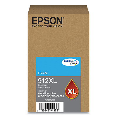 Epson T912XL220 (912XL) DURABrite Pro High-Yield Ink, 4600 Page-Yield, Cyan