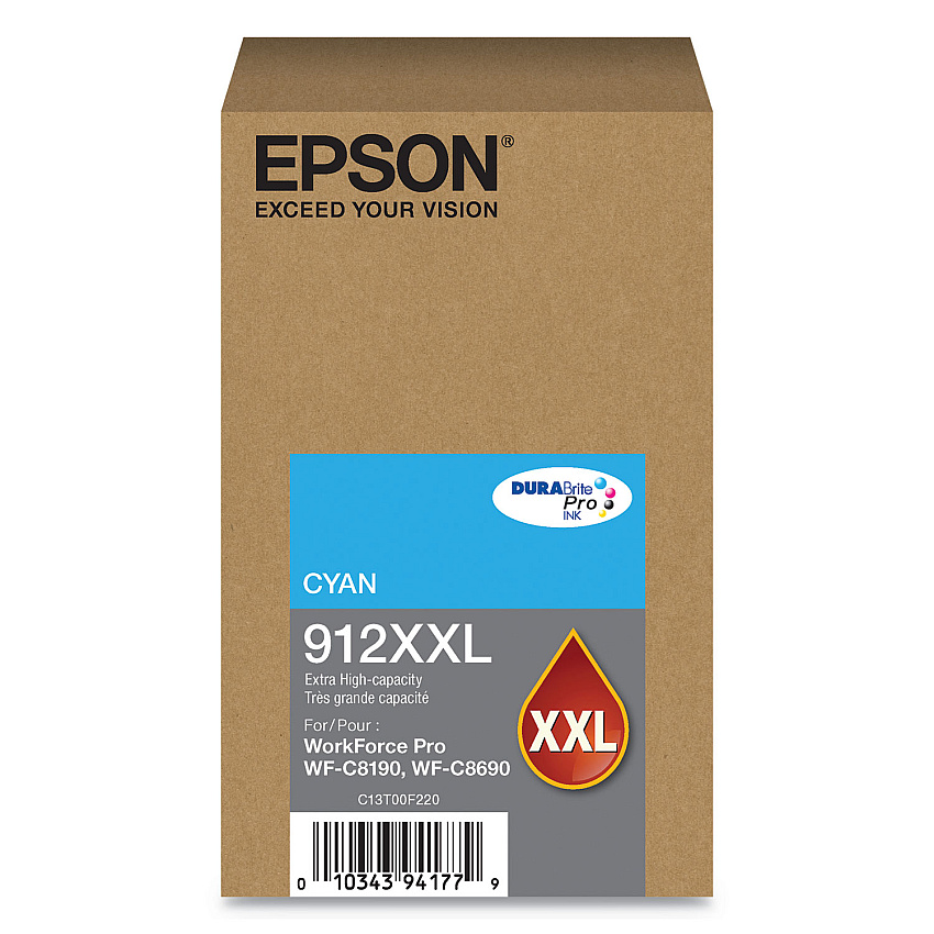 Epson T912XXL220 (912XXL) DURABrite Pro Extra High-Yield Ink, 8000 Page-Yield, Cyan