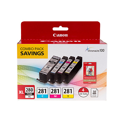 Canon 2021C006 (CLI-281/PGI-280XL) Ink/Paper Combo, Black/Cyan/Magenta/Yellow