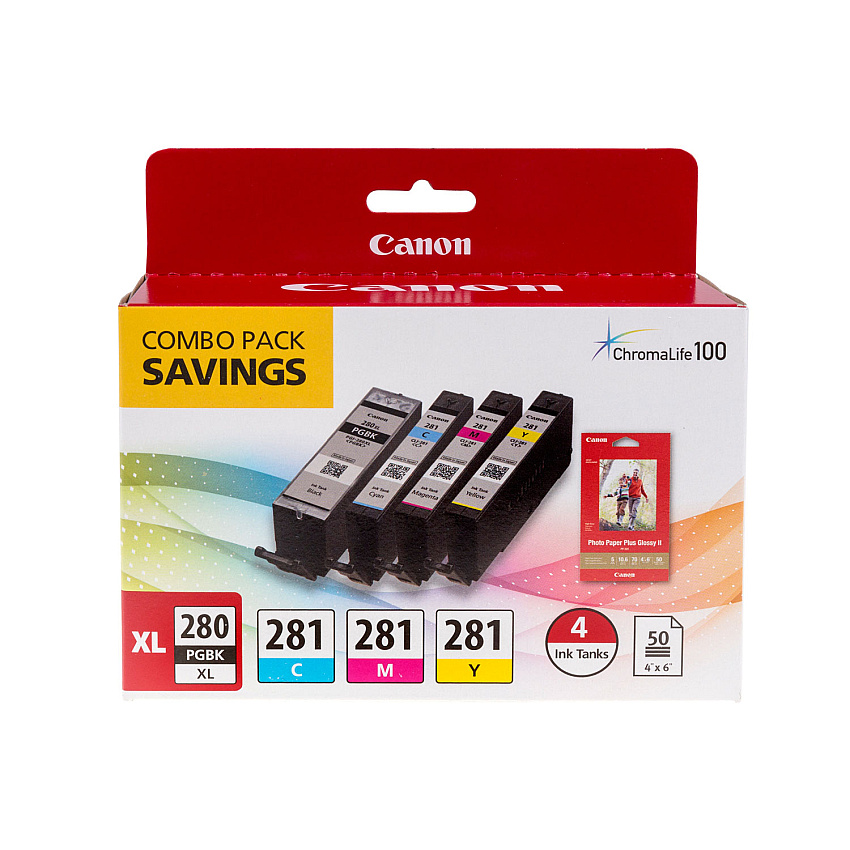 Canon 2021C006 (CLI-281/PGI-280XL) Ink/Paper Combo, Black/Cyan/Magenta/Yellow