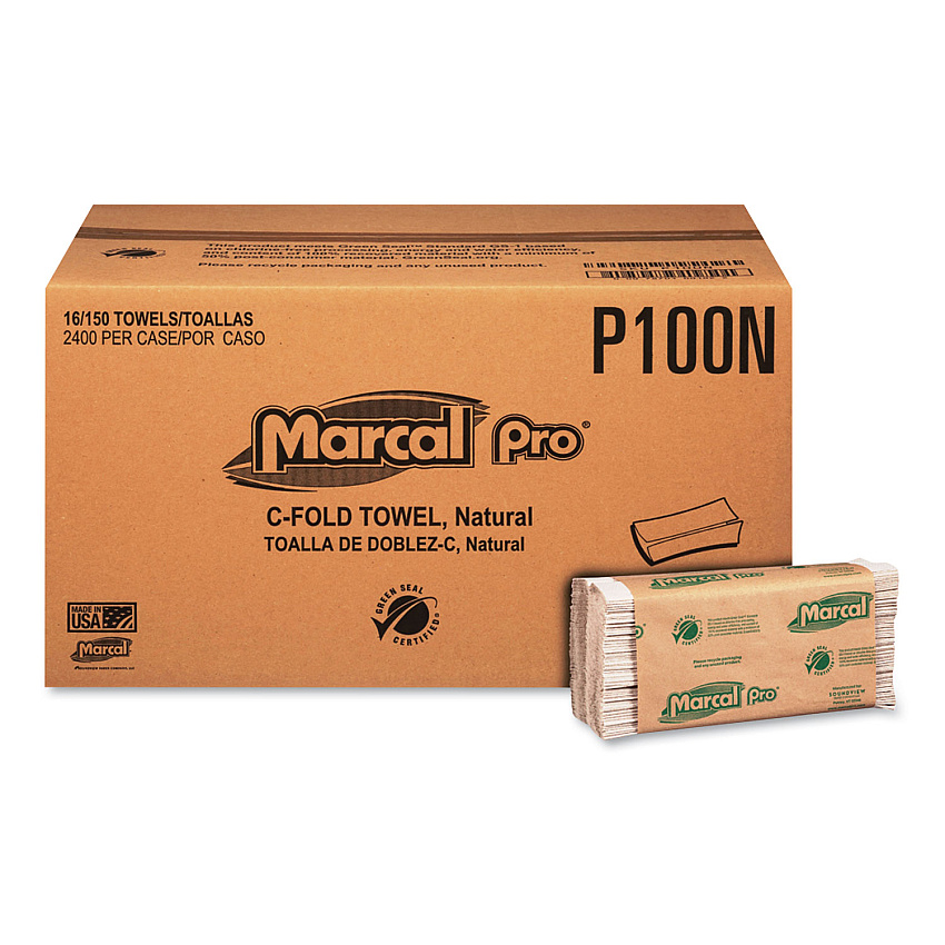 Marcal PRO Folded Paper Towels, 1-Ply, 12.88  x 10.13, Natural, 150/Pack, 16 Packs/Carton (MRCP100N)