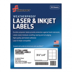 AbilityOne 7530016736217 SKILCRAFT Weatherproof Mailing Labels, Inkjet/Laser Printers, 3.33 x 4, White, 6/Sheet, 50 Sheets/Pack