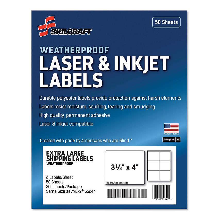 AbilityOne 7530016736217, SKILCRAFT Weatherproof Mailing Labels, Inkjet/Laser Printers, 3.33 x 4, White, 6/Sheet, 50 Sheets/Pack