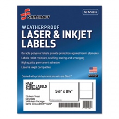 AbilityOne 7530016736219 SKILCRAFT Weatherproof Mailing Labels, Laser Printers, 5.5 x 8.5, White, 2/Sheet, 50 Sheets/Pack