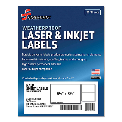 AbilityOne 7530016736219, SKILCRAFT Weatherproof Mailing Labels, Laser Printers, 5.5 x 8.5, White, 2/Sheet, 50 Sheets/Pack