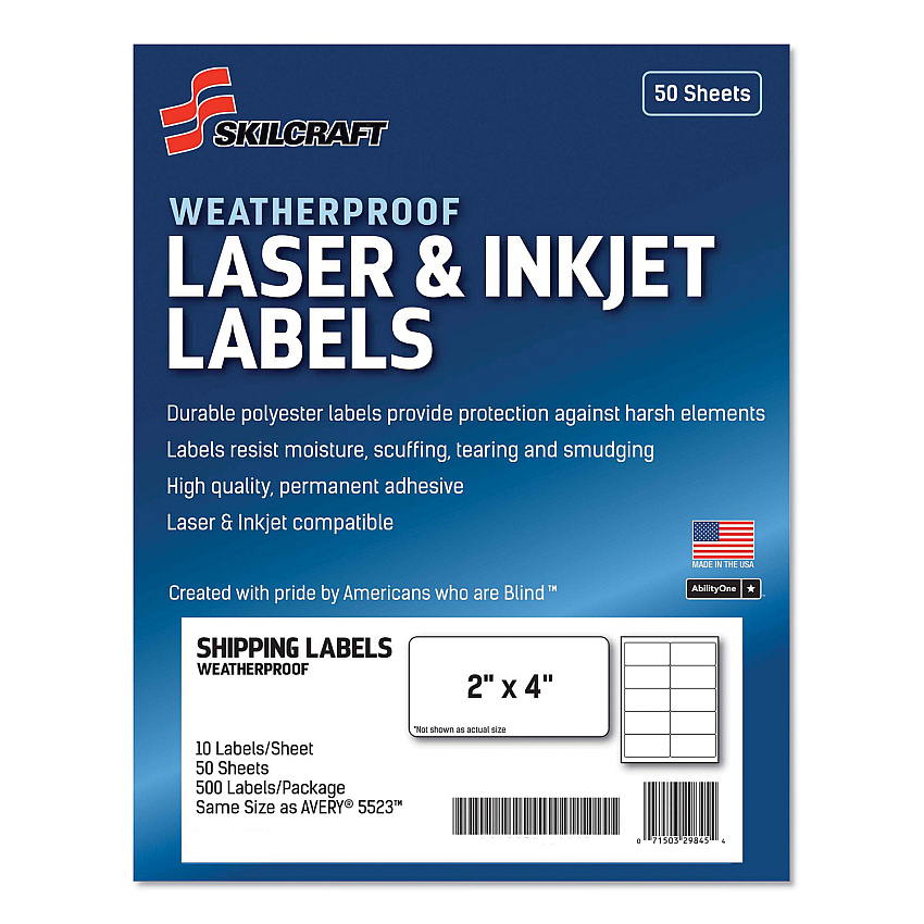 AbilityOne 7530016736220, SKILCRAFT Weatherproof Mailing Labels, Laser Printers, 2 x 4, White, 10/Sheet, 50 Sheets/Pack