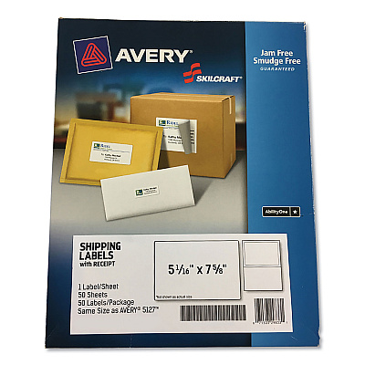 AbilityOne 7530016736511, SKILCRAFT Shipping Label with Paper Receipt, Laser Printers, 5.06 x 7.63, White, 50/Pack