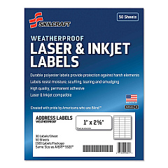 AbilityOne 7530016736516, SKILCRAFT Weatherproof Mailing Labels, Laser Printers, 1 x 2.63, White, 30/Sheet, 50 Sheets/Box