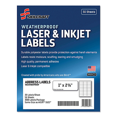AbilityOne 7530016736516, SKILCRAFT Weatherproof Mailing Labels, Laser Printers, 1 x 2.63, White, 30/Sheet, 50 Sheets/Box