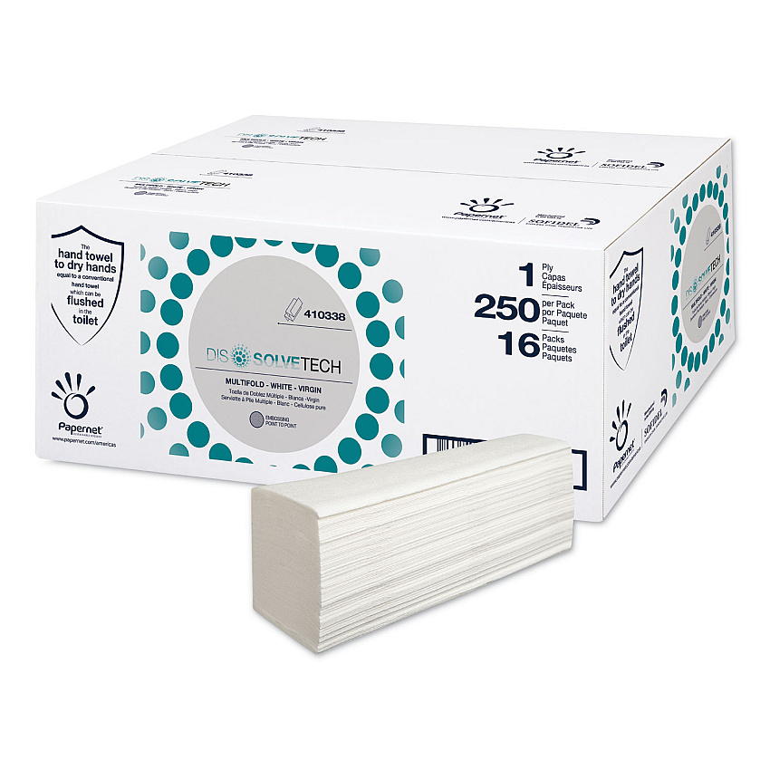 Papernet DissolveTech Paper Towel, 1-Ply, 9.49 x 8.11, White, 250/Pack, 16 Packs/Carton (SOD410338)