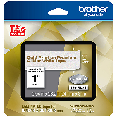 Brother TZe Premium Laminated Tape, 0.94" x 26.2 ft, Gold on White (TZEPR254)