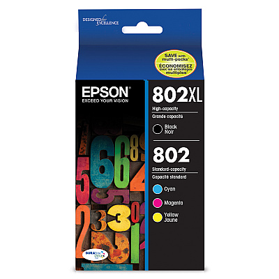 Epson T802XL-BCS (802/802XL) DURABrite Ultra High-Yield Ink, 2,600 Page-Yield, Black/Cyan/Magenta/Yellow