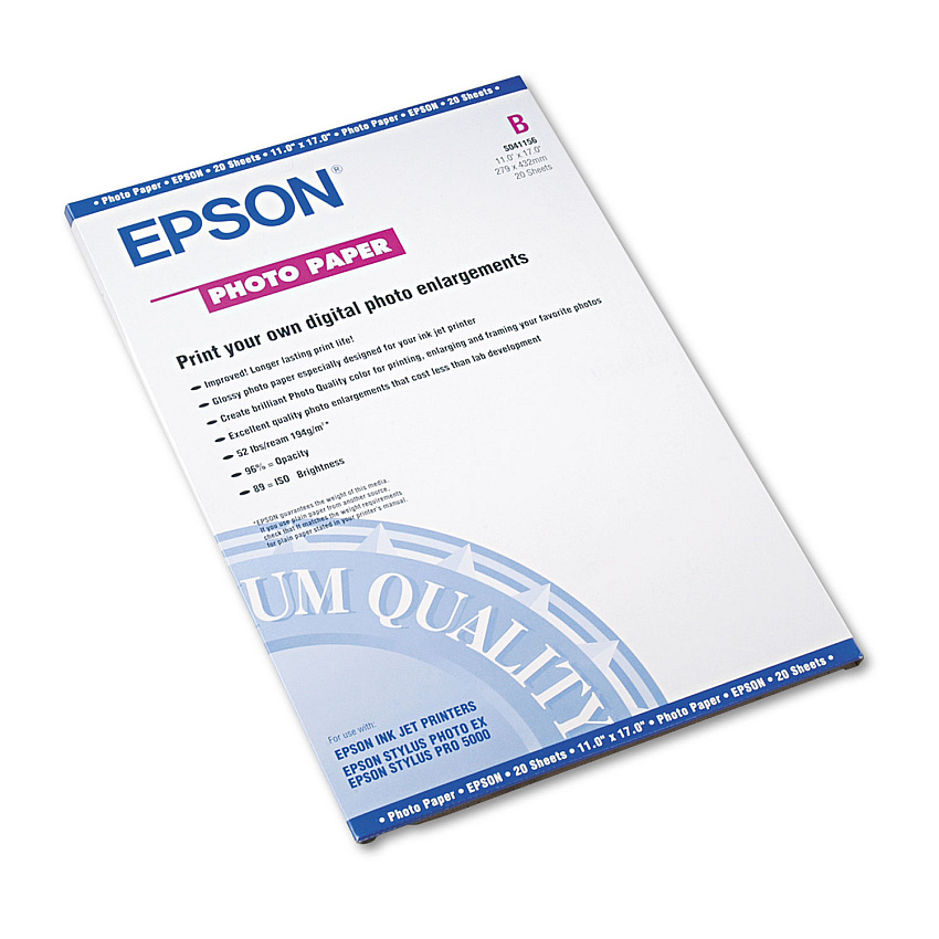 Epson Glossy Photo Paper, 9.4 mil, 11 x 17, Glossy White, 20/Pack (S041156)