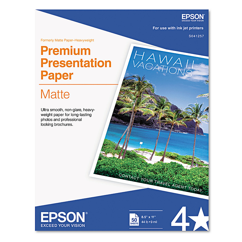 Epson Premium Matte Presentation Paper, 9 mil, 8.5 x 11, Matte Bright White, 50/Pack (EPSS041257)