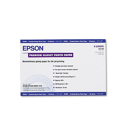 Epson Premium Photo Paper, 10.4 mil, 11 x 17, High-Gloss White, 20/Pack (EPSS041290)