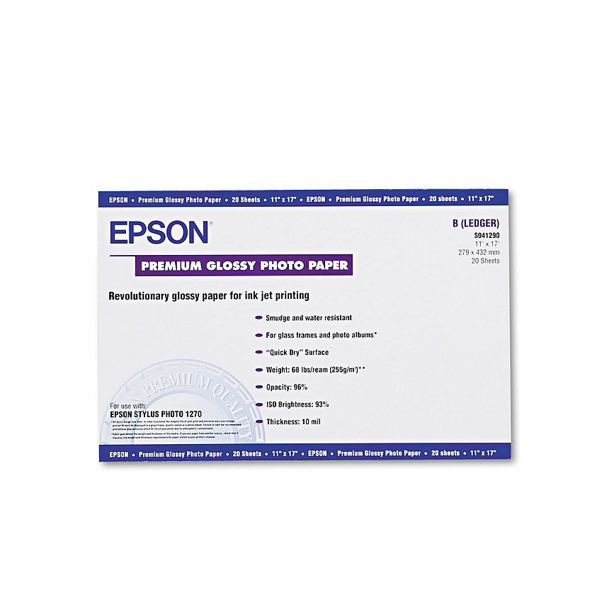Epson Premium Photo Paper, 10.4 mil, 11 x 17, High-Gloss White, 20/Pack (EPSS041290)