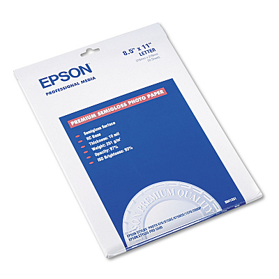 Epson Premium Photo Paper, 10.4 mil, 8.5 x 11, Semi-Gloss White, 20/Pack (EPSS041331)