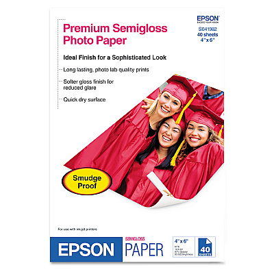Epson Premium Semigloss Photo Paper, 7 mil, 4 x 6, Semi-Gloss White, 40/Pack (EPSS041982)