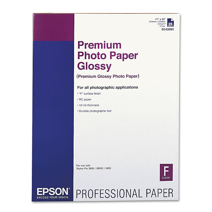 Epson Premium Photo Paper, 10.4 mil, 17 x 22, High-Gloss White, 25/Pack (EPSS042092)