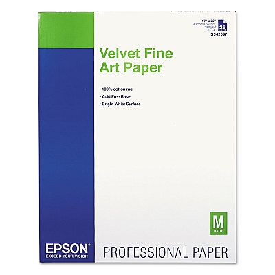Epson Velvet Fine Art Paper, 17 x 22, White, 25/Pack (EPSS042097)