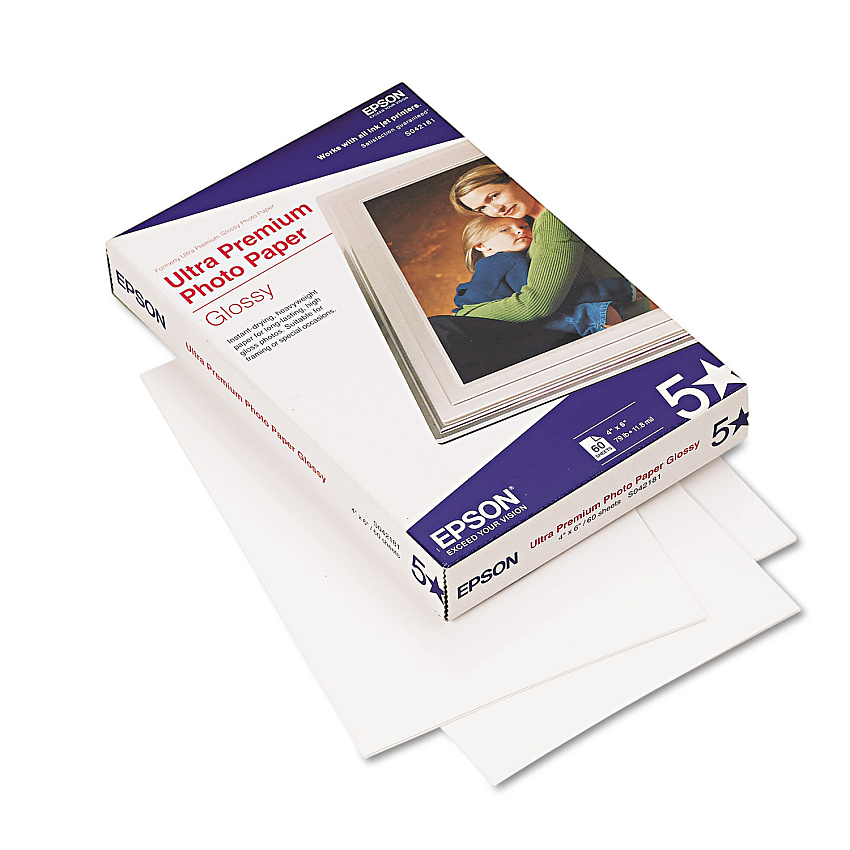 Epson Ultra Premium Glossy Photo Paper, 11.8 mil, 4 x 6, Glossy Bright White, 60/Pack (EPSS042181)