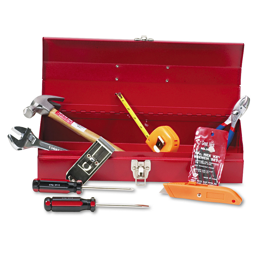 Great Neck 16-Piece Light-Duty Office Tool Kit, Metal Box, Red (GNSCTB9)