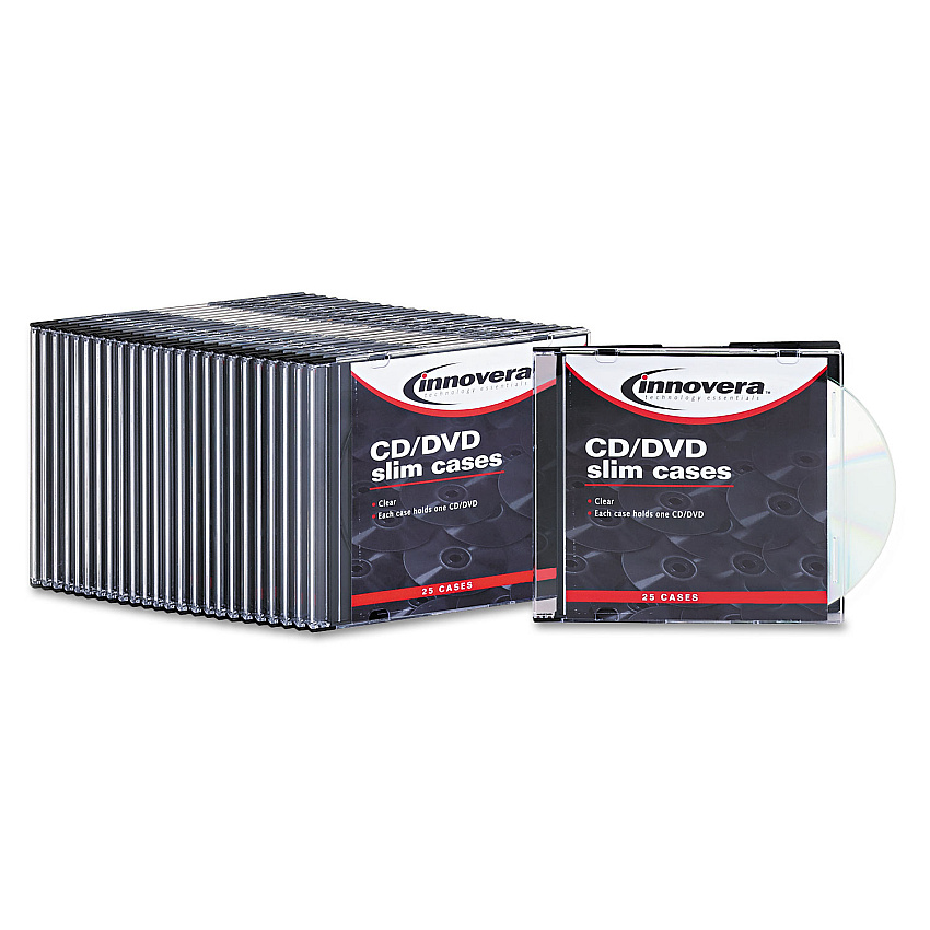 Innovera CD/DVD Slim Jewel Cases, Clear/Black, 25/Pack (IVR85825)