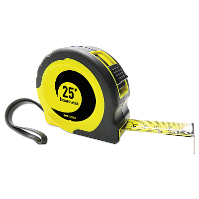 Boardwalk Easy Grip Tape Measure, 25 ft, Plastic Case, Black and Yellow, 1/16" Graduations (BWKTAPEM25)