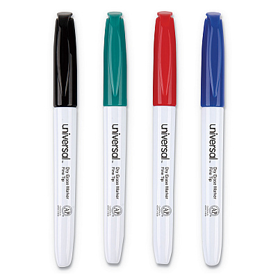 Universal Pen Style Dry Erase Marker, Fine Bullet Tip, Assorted Colors, 4/Set (UNV43670)